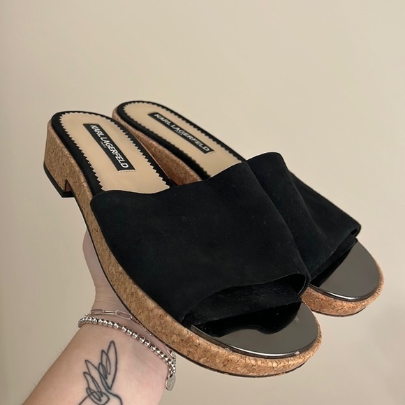 Karl Lagerfeld Cher Suede Cork Mule Sandals Black - Picture 1 of 7